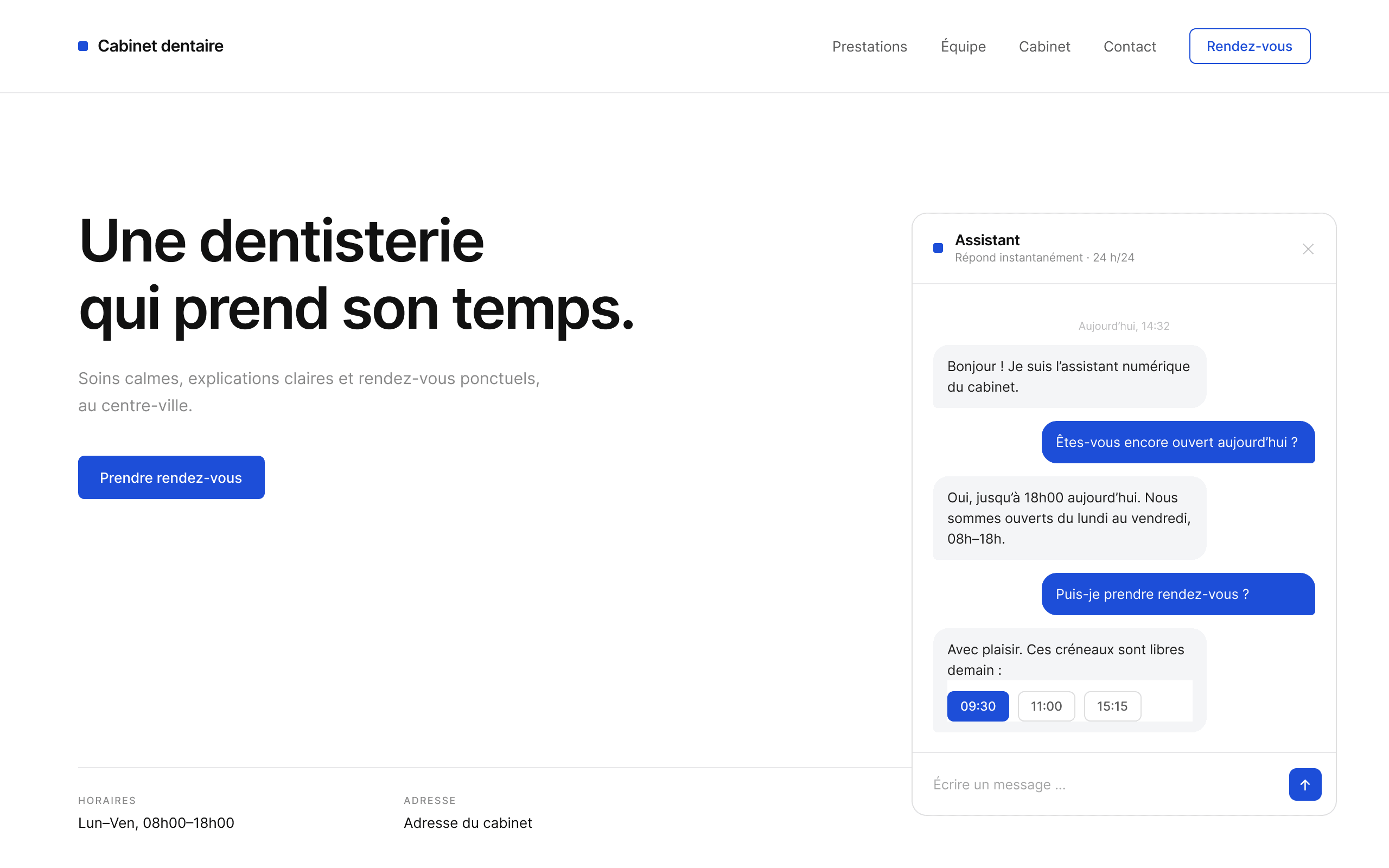 Exemple de concept : assistant IA intégré au site d'une entreprise, répondant à une question sur les horaires puis proposant des créneaux de rendez-vous.