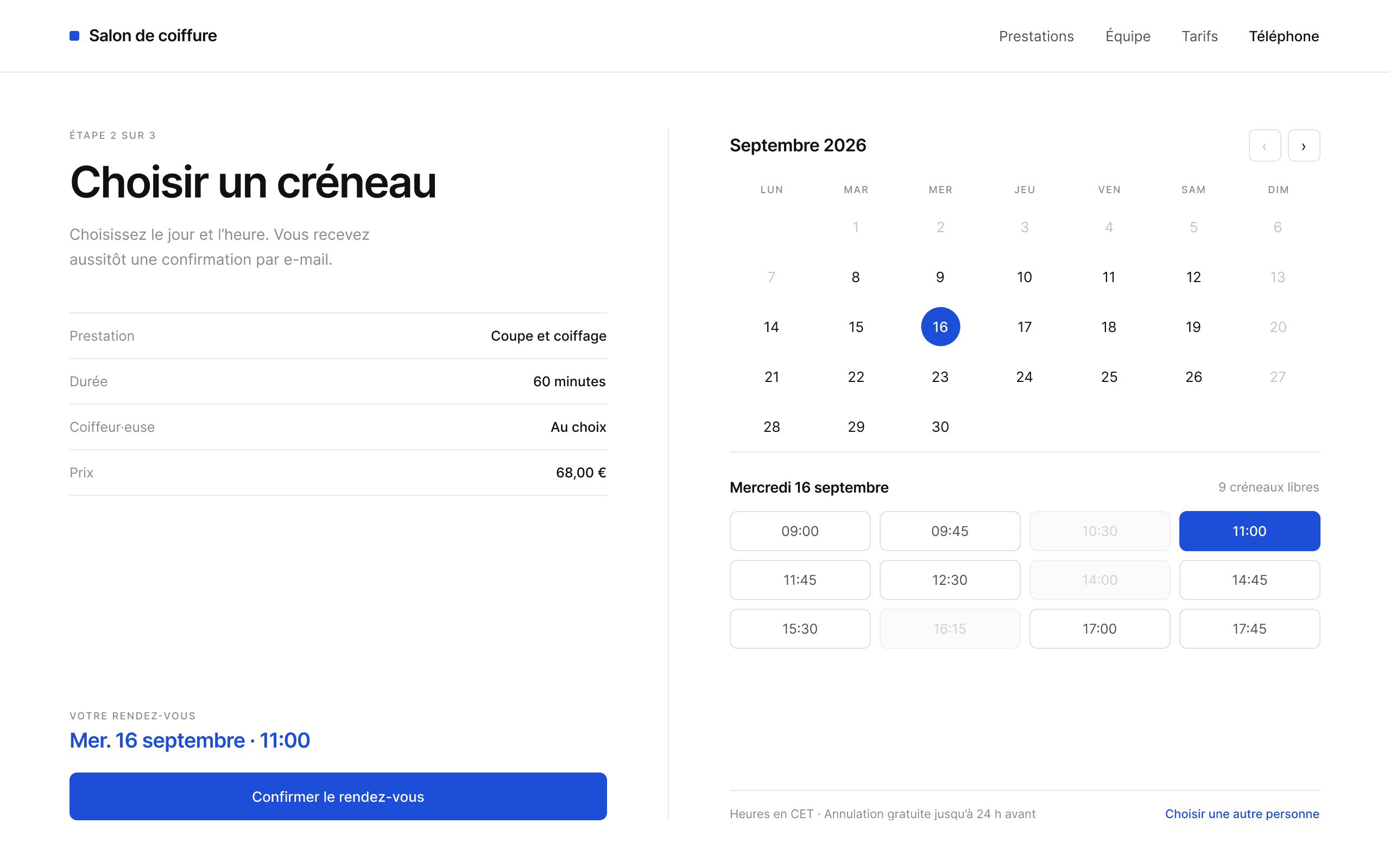 Exemple de concept : page de prise de rendez-vous, avec un calendrier mensuel et les créneaux horaires disponibles.